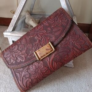 Tooled or Embossed Floral Leather Oversized Clutch in Rich Brown